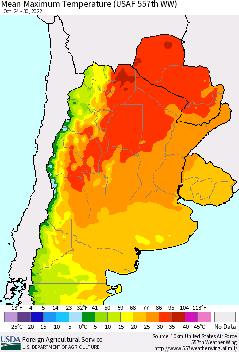 Southern South America Mean Maximum Temperature (USAF 557th WW) Thematic Map For 10/24/2022 - 10/30/2022