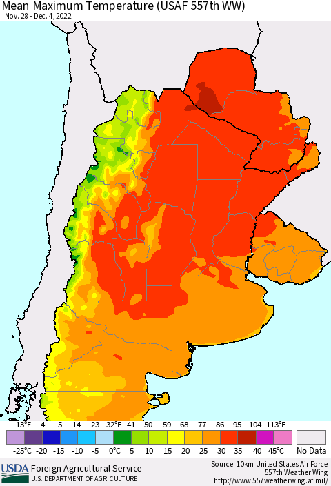 Southern South America Mean Maximum Temperature (USAF 557th WW) Thematic Map For 11/28/2022 - 12/4/2022