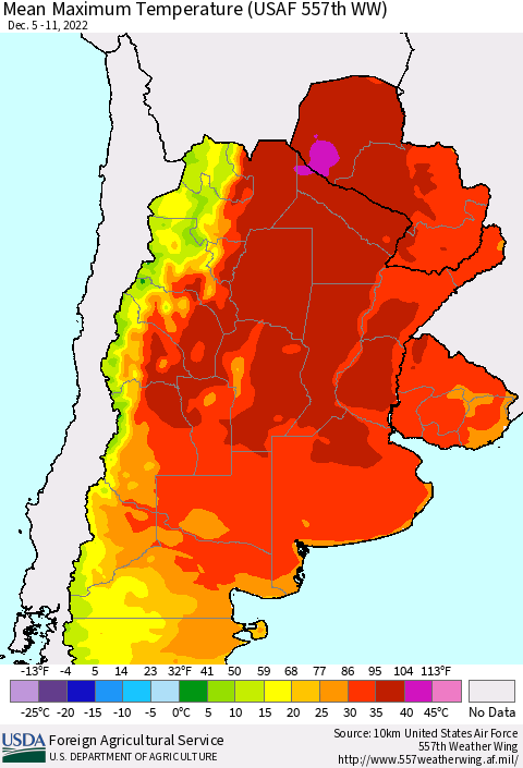 Southern South America Mean Maximum Temperature (USAF 557th WW) Thematic Map For 12/5/2022 - 12/11/2022