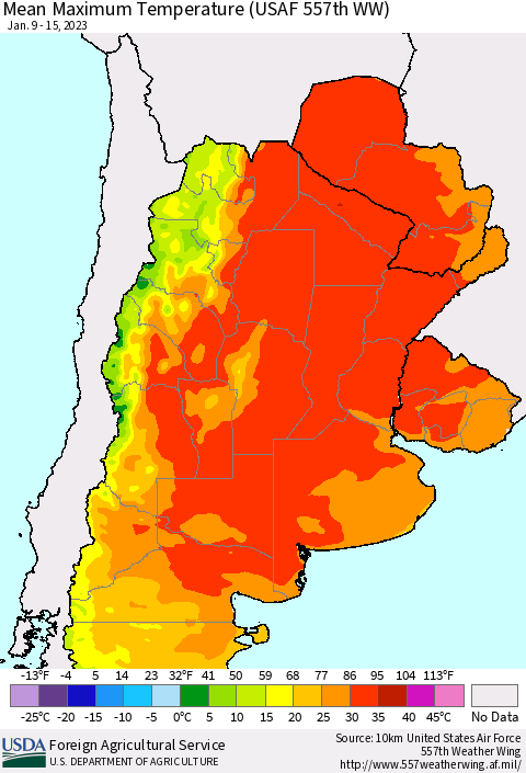 Southern South America Mean Maximum Temperature (USAF 557th WW) Thematic Map For 1/9/2023 - 1/15/2023