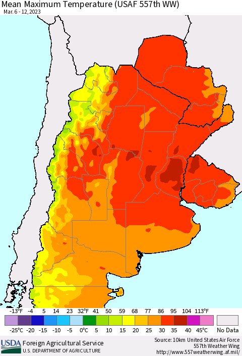 Southern South America Mean Maximum Temperature (USAF 557th WW) Thematic Map For 3/6/2023 - 3/12/2023