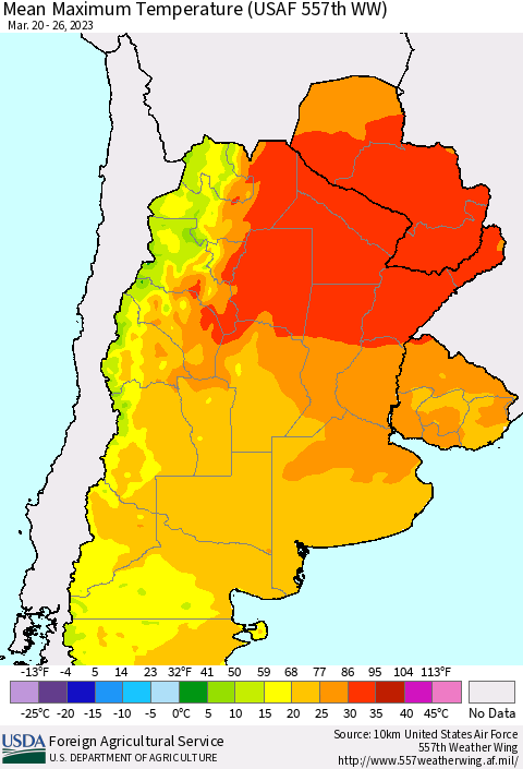 Southern South America Mean Maximum Temperature (USAF 557th WW) Thematic Map For 3/20/2023 - 3/26/2023