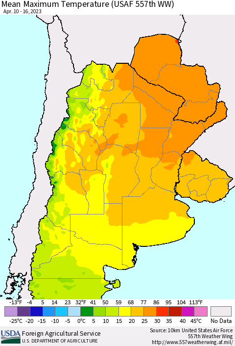 Southern South America Mean Maximum Temperature (USAF 557th WW) Thematic Map For 4/10/2023 - 4/16/2023