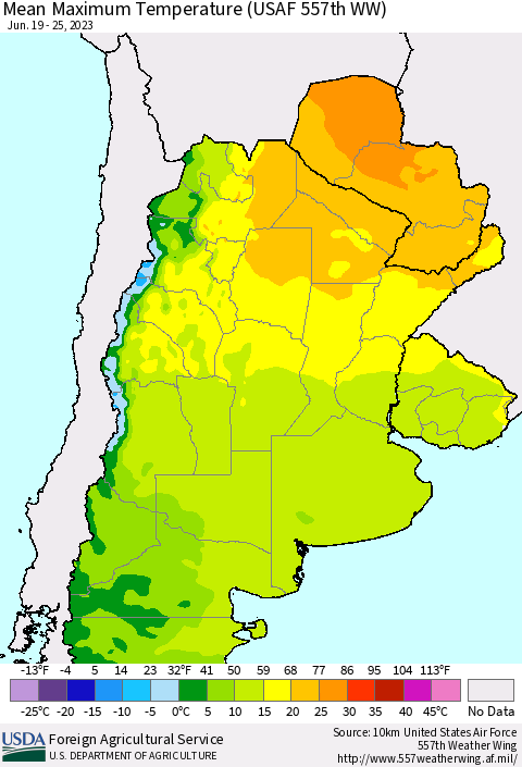 Southern South America Mean Maximum Temperature (USAF 557th WW) Thematic Map For 6/19/2023 - 6/25/2023