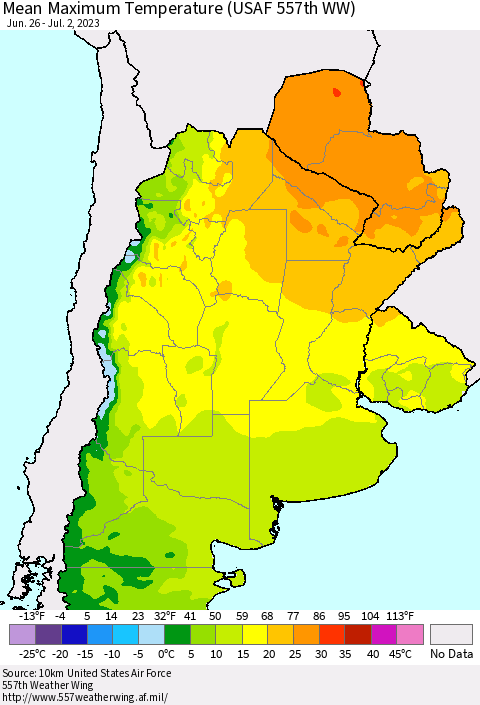 Southern South America Mean Maximum Temperature (USAF 557th WW) Thematic Map For 6/26/2023 - 7/2/2023