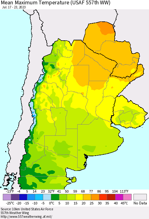 Southern South America Mean Maximum Temperature (USAF 557th WW) Thematic Map For 7/17/2023 - 7/23/2023