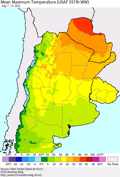 Southern South America Mean Maximum Temperature (USAF 557th WW) Thematic Map For 8/7/2023 - 8/13/2023