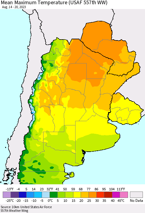Southern South America Mean Maximum Temperature (USAF 557th WW) Thematic Map For 8/14/2023 - 8/20/2023