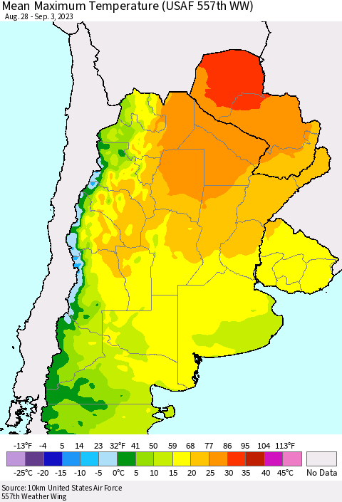 Southern South America Mean Maximum Temperature (USAF 557th WW) Thematic Map For 8/28/2023 - 9/3/2023