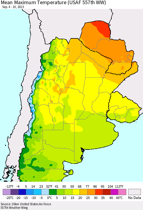 Southern South America Mean Maximum Temperature (USAF 557th WW) Thematic Map For 9/4/2023 - 9/10/2023