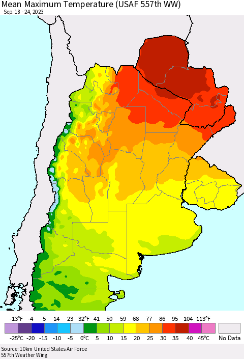 Southern South America Mean Maximum Temperature (USAF 557th WW) Thematic Map For 9/18/2023 - 9/24/2023