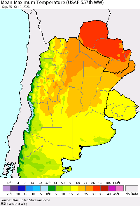 Southern South America Mean Maximum Temperature (USAF 557th WW) Thematic Map For 9/25/2023 - 10/1/2023