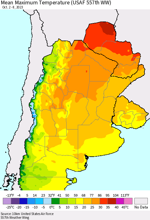 Southern South America Mean Maximum Temperature (USAF 557th WW) Thematic Map For 10/2/2023 - 10/8/2023