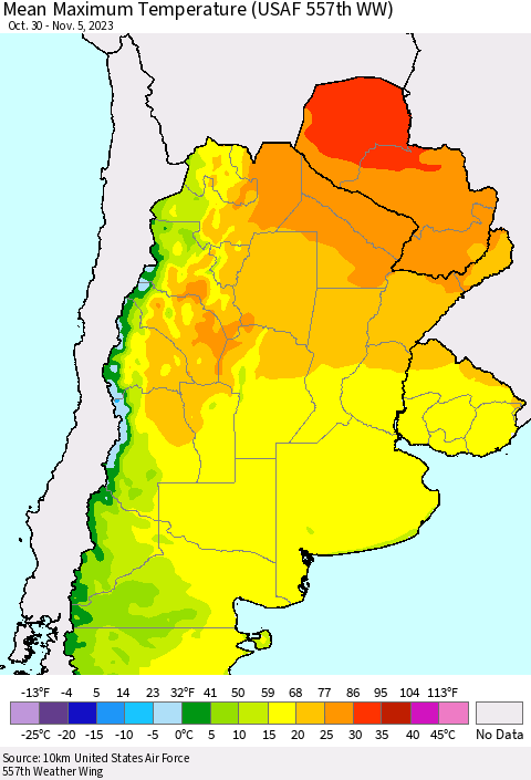 Southern South America Mean Maximum Temperature (USAF 557th WW) Thematic Map For 10/30/2023 - 11/5/2023