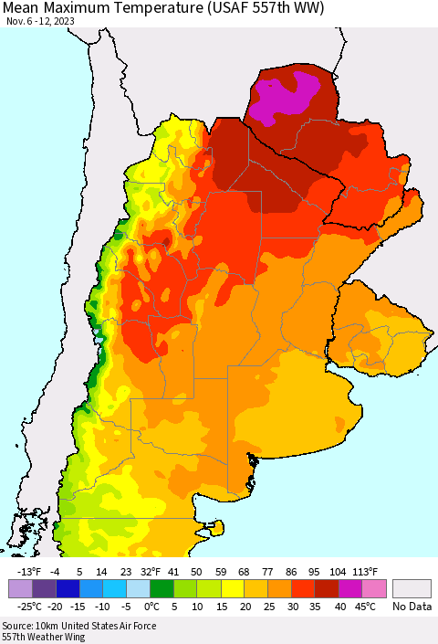 Southern South America Mean Maximum Temperature (USAF 557th WW) Thematic Map For 11/6/2023 - 11/12/2023