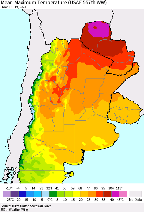 Southern South America Mean Maximum Temperature (USAF 557th WW) Thematic Map For 11/13/2023 - 11/19/2023