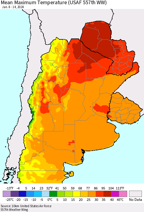 Southern South America Mean Maximum Temperature (USAF 557th WW) Thematic Map For 1/8/2024 - 1/14/2024