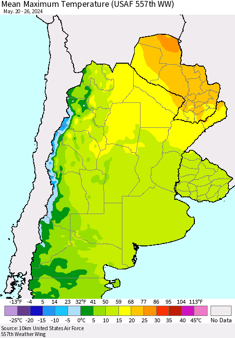 Southern South America Mean Maximum Temperature (USAF 557th WW) Thematic Map For 5/20/2024 - 5/26/2024