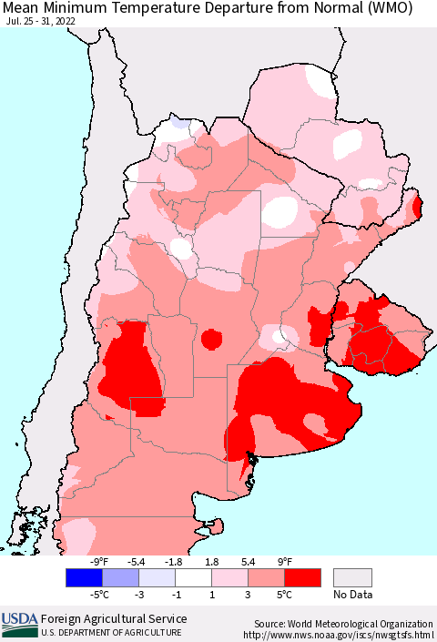 Southern South America Mean Minimum Temperature Departure from Normal (WMO) Thematic Map For 7/25/2022 - 7/31/2022