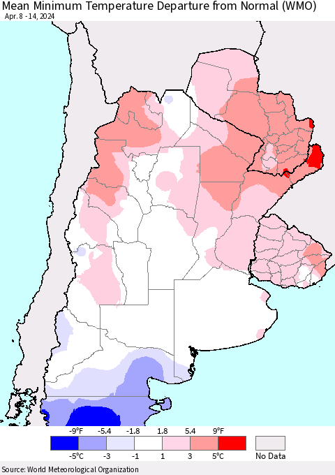 Southern South America Mean Minimum Temperature Departure from Normal (WMO) Thematic Map For 4/8/2024 - 4/14/2024