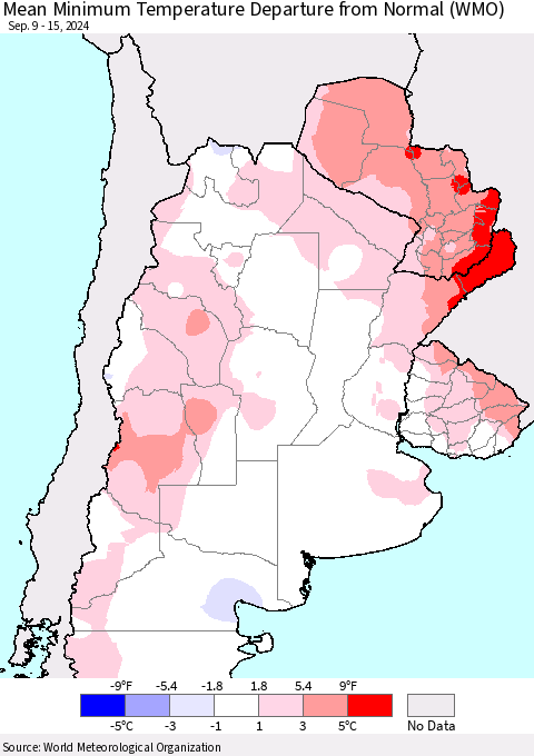 Southern South America Mean Minimum Temperature Departure from Normal (WMO) Thematic Map For 9/9/2024 - 9/15/2024