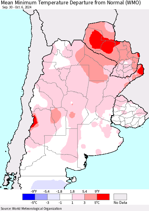 Southern South America Mean Minimum Temperature Departure from Normal (WMO) Thematic Map For 9/30/2024 - 10/6/2024