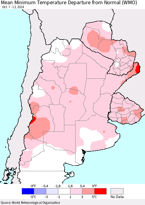 Southern South America Mean Minimum Temperature Departure from Normal (WMO) Thematic Map For 10/7/2024 - 10/13/2024