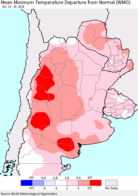 Southern South America Mean Minimum Temperature Departure from Normal (WMO) Thematic Map For 10/14/2024 - 10/20/2024