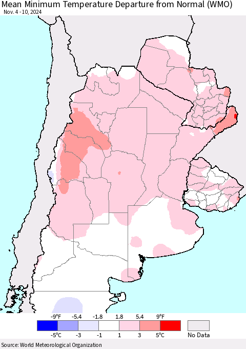 Southern South America Mean Minimum Temperature Departure from Normal (WMO) Thematic Map For 11/4/2024 - 11/10/2024