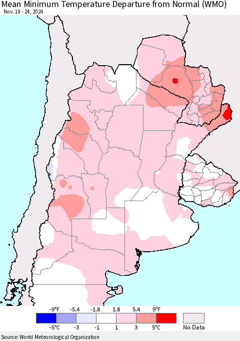 Southern South America Mean Minimum Temperature Departure from Normal (WMO) Thematic Map For 11/18/2024 - 11/24/2024