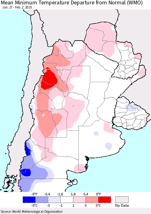 Southern South America Mean Minimum Temperature Departure from Normal (WMO) Thematic Map For 1/27/2025 - 2/2/2025