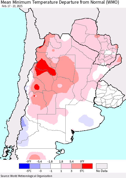 Southern South America Mean Minimum Temperature Departure from Normal (WMO) Thematic Map For 2/17/2025 - 2/23/2025