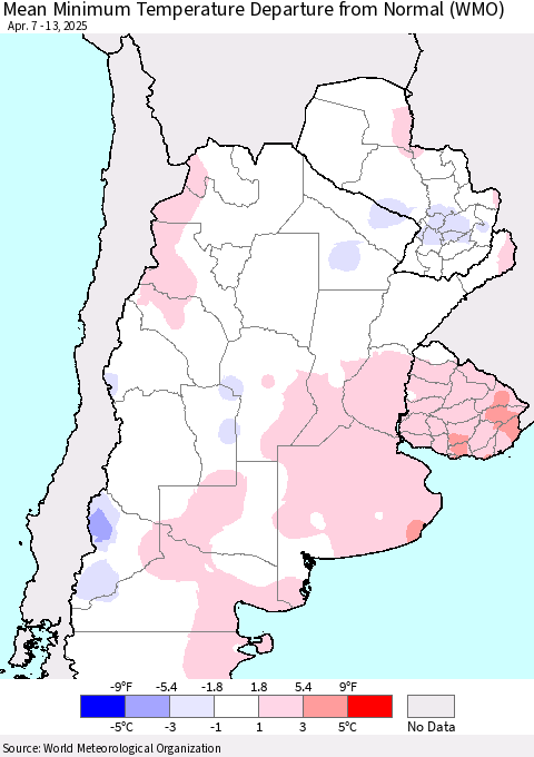 Southern South America Mean Minimum Temperature Departure from Normal (WMO) Thematic Map For 4/7/2025 - 4/13/2025
