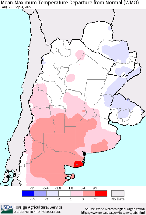 Southern South America Mean Maximum Temperature Departure from Normal (WMO) Thematic Map For 8/29/2022 - 9/4/2022