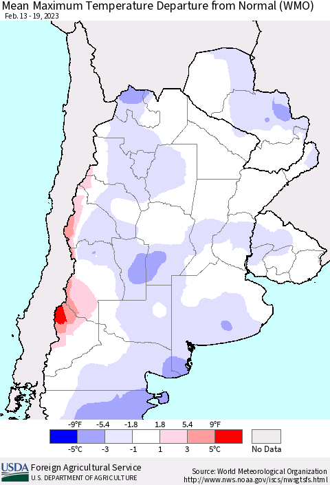 Southern South America Mean Maximum Temperature Departure from Normal (WMO) Thematic Map For 2/13/2023 - 2/19/2023