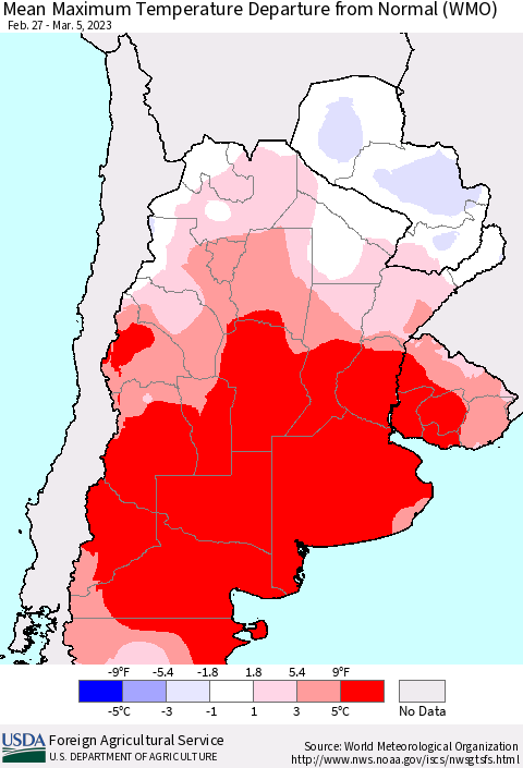 Southern South America Mean Maximum Temperature Departure from Normal (WMO) Thematic Map For 2/27/2023 - 3/5/2023