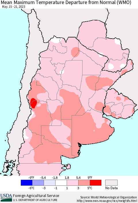 Southern South America Mean Maximum Temperature Departure from Normal (WMO) Thematic Map For 5/15/2023 - 5/21/2023