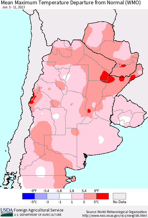 Southern South America Mean Maximum Temperature Departure from Normal (WMO) Thematic Map For 6/5/2023 - 6/11/2023