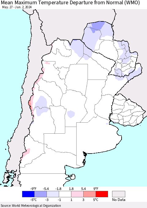 Southern South America Mean Maximum Temperature Departure from Normal (WMO) Thematic Map For 5/27/2024 - 6/2/2024