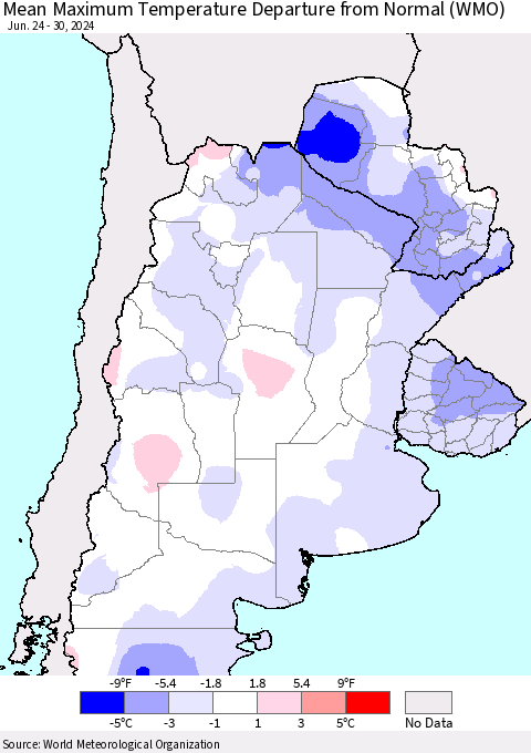 Southern South America Mean Maximum Temperature Departure from Normal (WMO) Thematic Map For 6/24/2024 - 6/30/2024