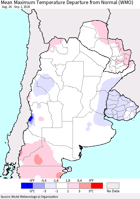 Southern South America Mean Maximum Temperature Departure from Normal (WMO) Thematic Map For 8/26/2024 - 9/1/2024