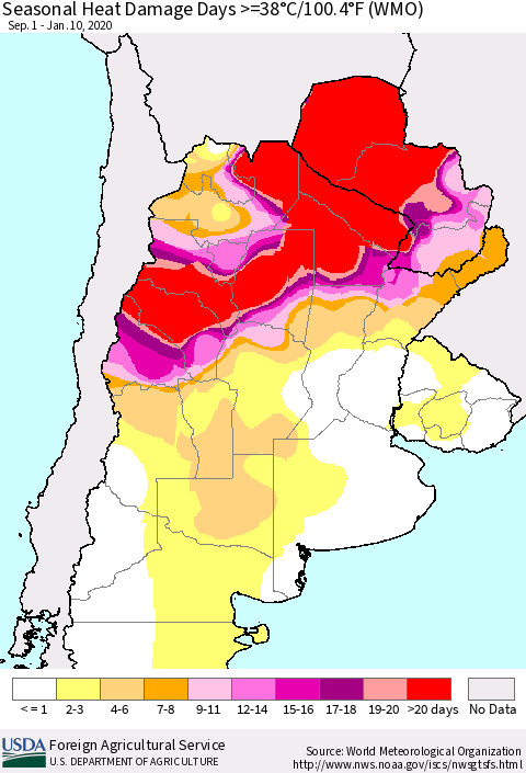 Southern South America Seasonal Heat Damage Days >=38°C/100°F (WMO) Thematic Map For 9/1/2019 - 1/10/2020