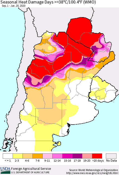 Southern South America Seasonal Heat Damage Days >=38°C/100°F (WMO) Thematic Map For 9/1/2019 - 1/20/2020
