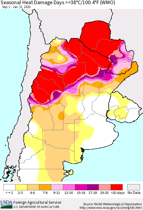 Southern South America Seasonal Heat Damage Days >=38°C/100°F (WMO) Thematic Map For 9/1/2019 - 1/31/2020