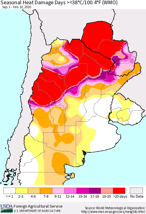 Southern South America Seasonal Heat Damage Days >=38°C/100°F (WMO) Thematic Map For 9/1/2019 - 2/10/2020