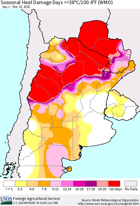 Southern South America Seasonal Heat Damage Days >=38°C/100°F (WMO) Thematic Map For 9/1/2019 - 3/10/2020