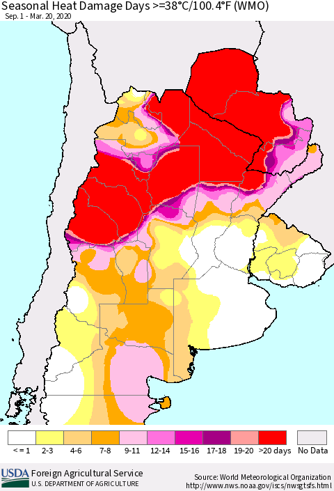 Southern South America Seasonal Heat Damage Days >=38°C/100°F (WMO) Thematic Map For 9/1/2019 - 3/20/2020