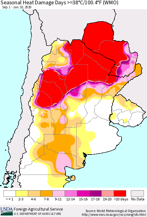 Southern South America Seasonal Heat Damage Days >=38°C/100°F (WMO) Thematic Map For 9/1/2019 - 6/10/2020
