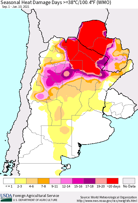 Southern South America Seasonal Heat Damage Days >=38°C/100°F (WMO) Thematic Map For 9/1/2020 - 1/10/2021