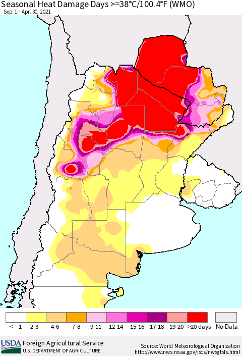 Southern South America Seasonal Heat Damage Days >=38°C/100°F (WMO) Thematic Map For 9/1/2020 - 4/30/2021